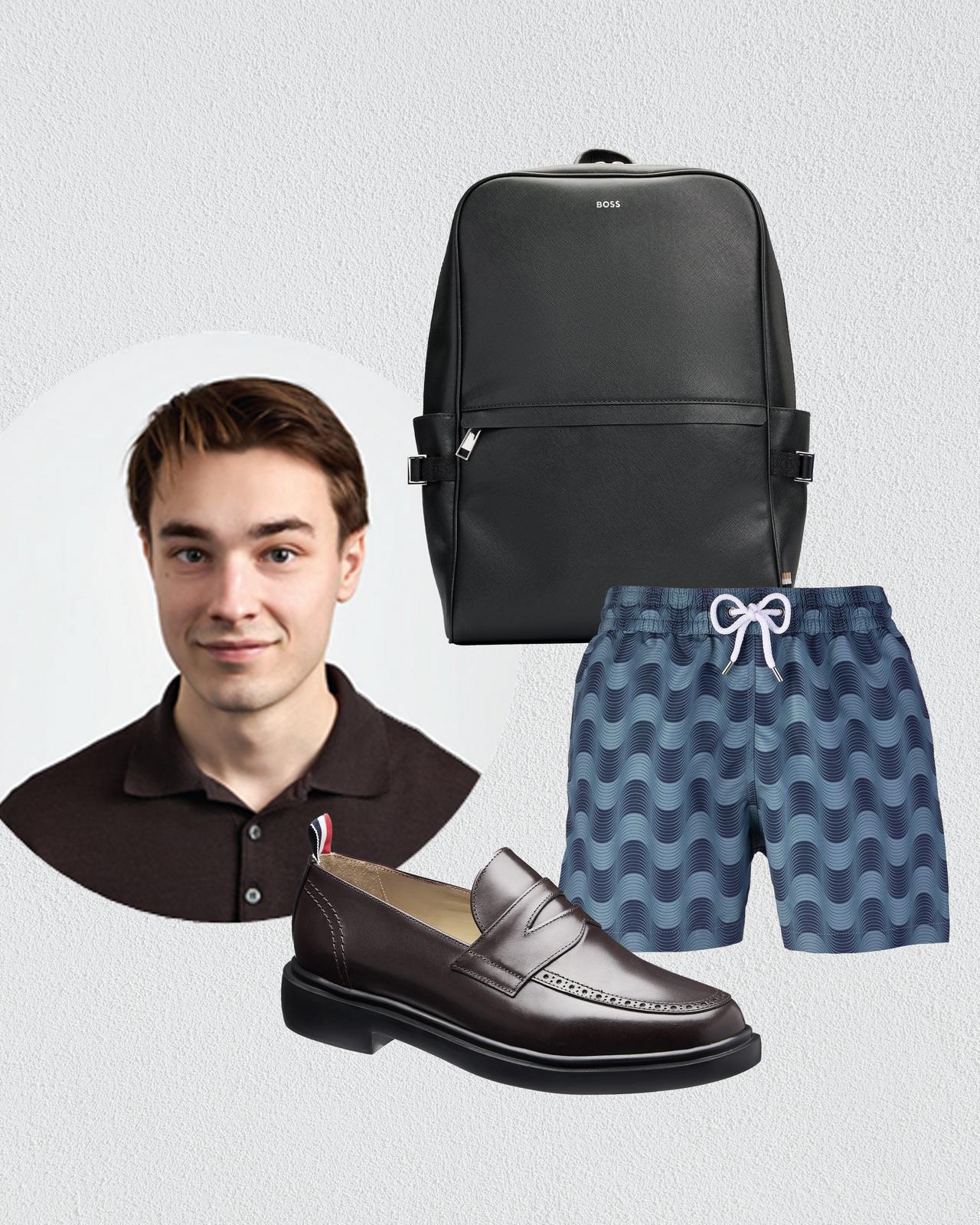 A man with black bag, blue patterned swim trunks, and Thom Browne loafers