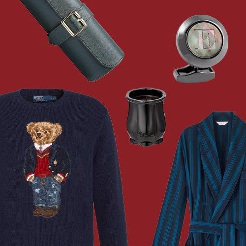 Gifts displayed on red backdrop illustrating unique holiday gift for guys who have everything