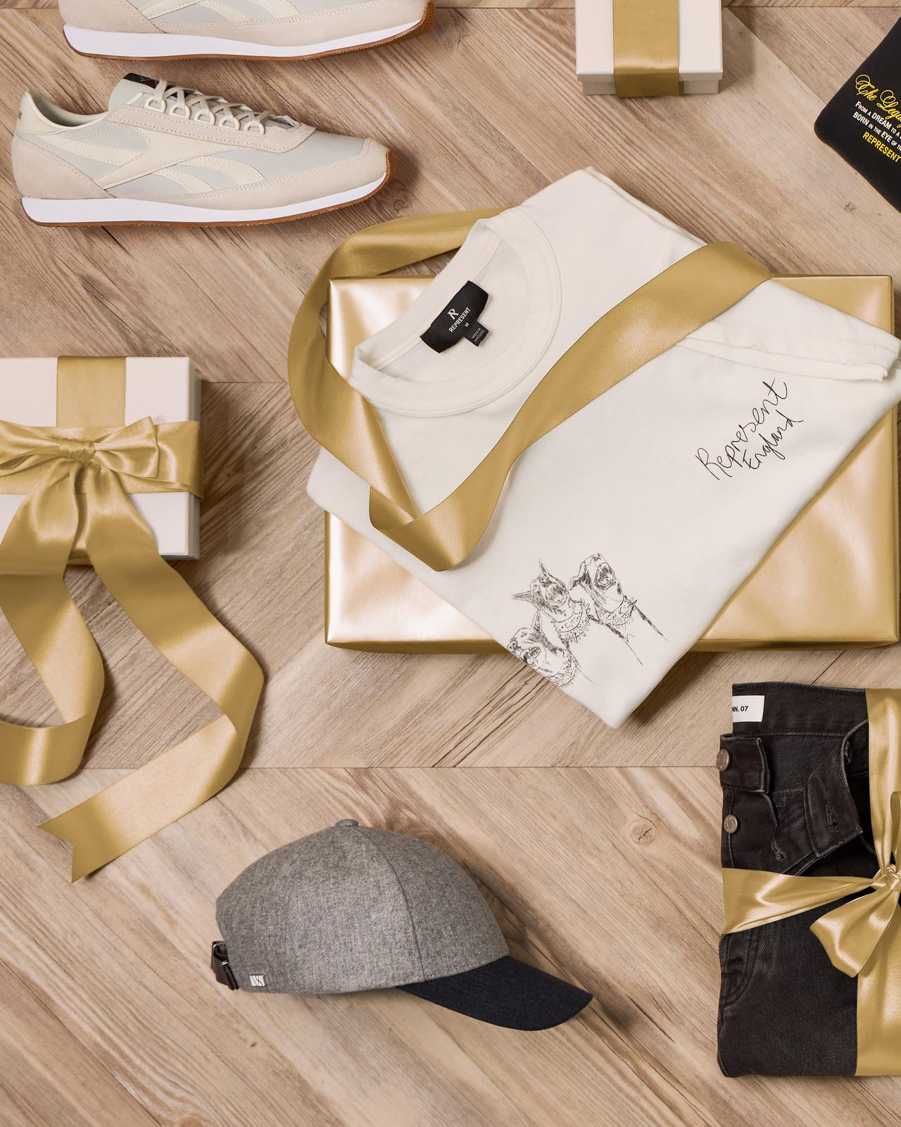 An assortment of trendy gifts wrapped with ribbons