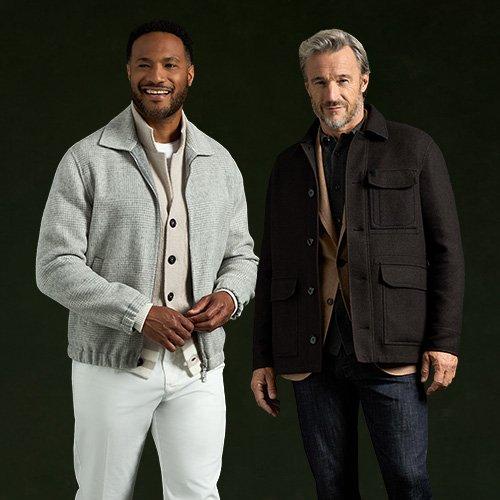 Two male models wearing Eleventy and Brioni