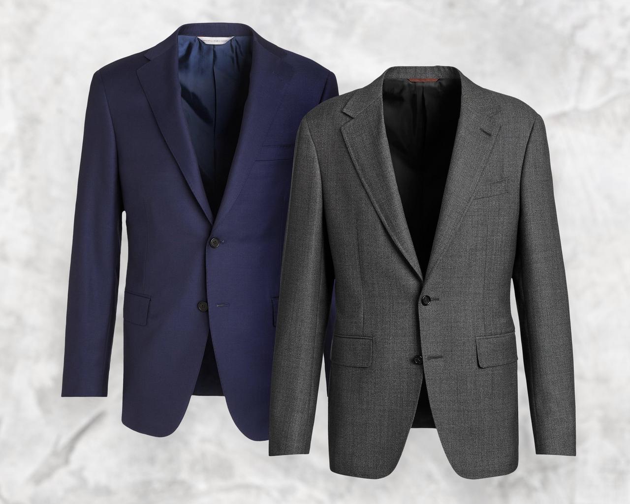 Deux vestes sport : une bleu marine Samuelsohn et une grise Canali