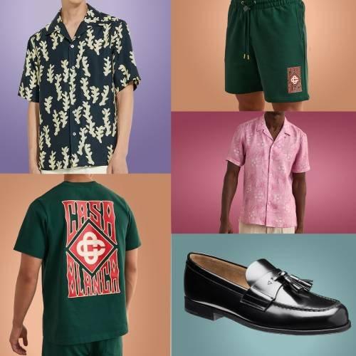 Collage of ZEGNA camp shirt, Prada loafers, Patrick Assaraf linen shirt, Casablanca t-shirt, Casablanca shorts