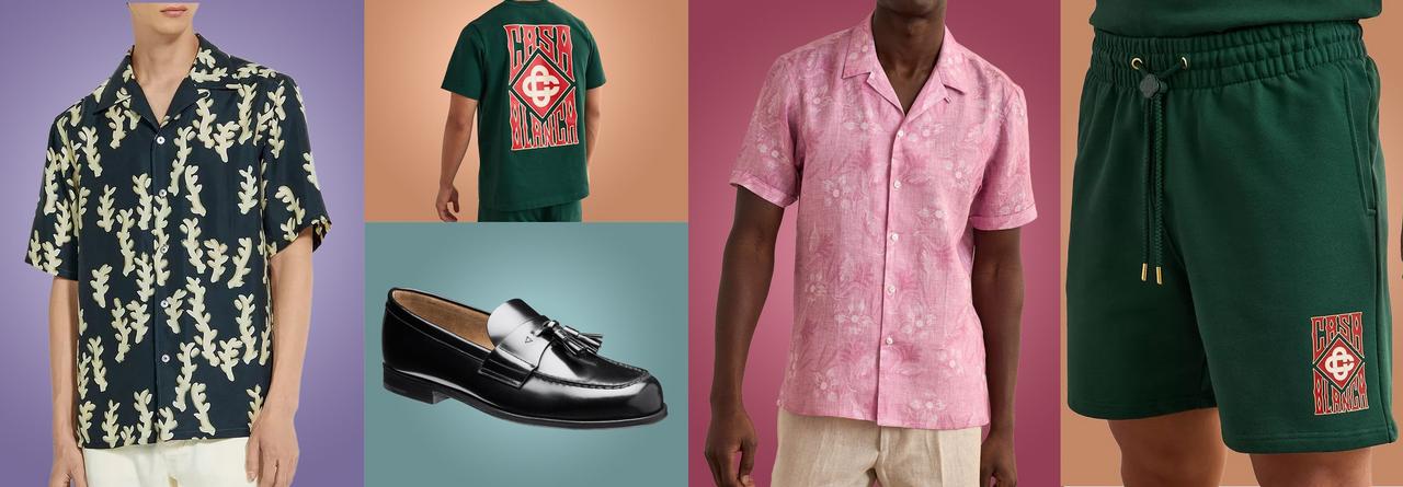 Collage of ZEGNA camp shirt, Prada loafers, Patrick Assaraf linen shirt, Casablanca t-shirt, Casablanca shorts