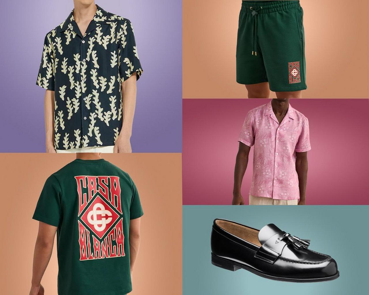 Collage of ZEGNA camp shirt, Prada loafers, Patrick Assaraf linen shirt, Casablanca t-shirt, Casablanca shorts