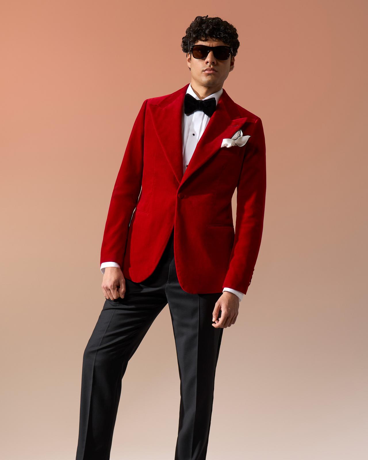 Male model wearing Harold made-to-measure red velvet suit