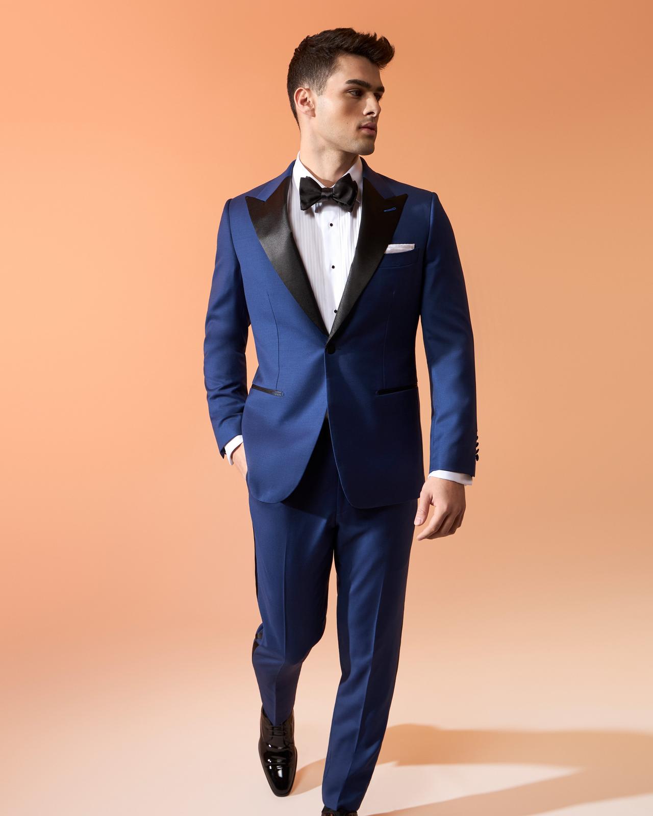 Male model wearing navy satin Harold made-to-measure