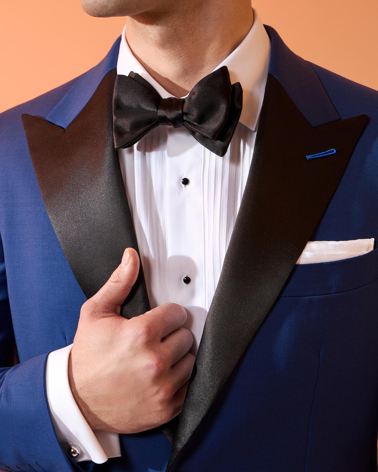 Male model wearing navy satin Harold made-to-measure