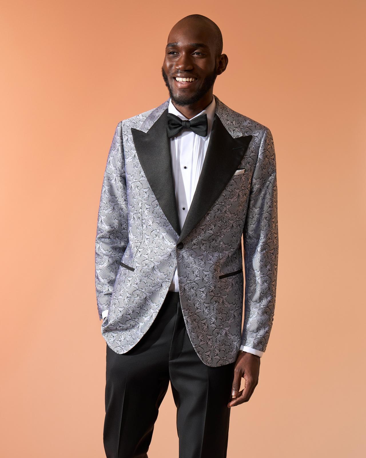 Male model wearing Harold made-to-measure floral grey tuxedo