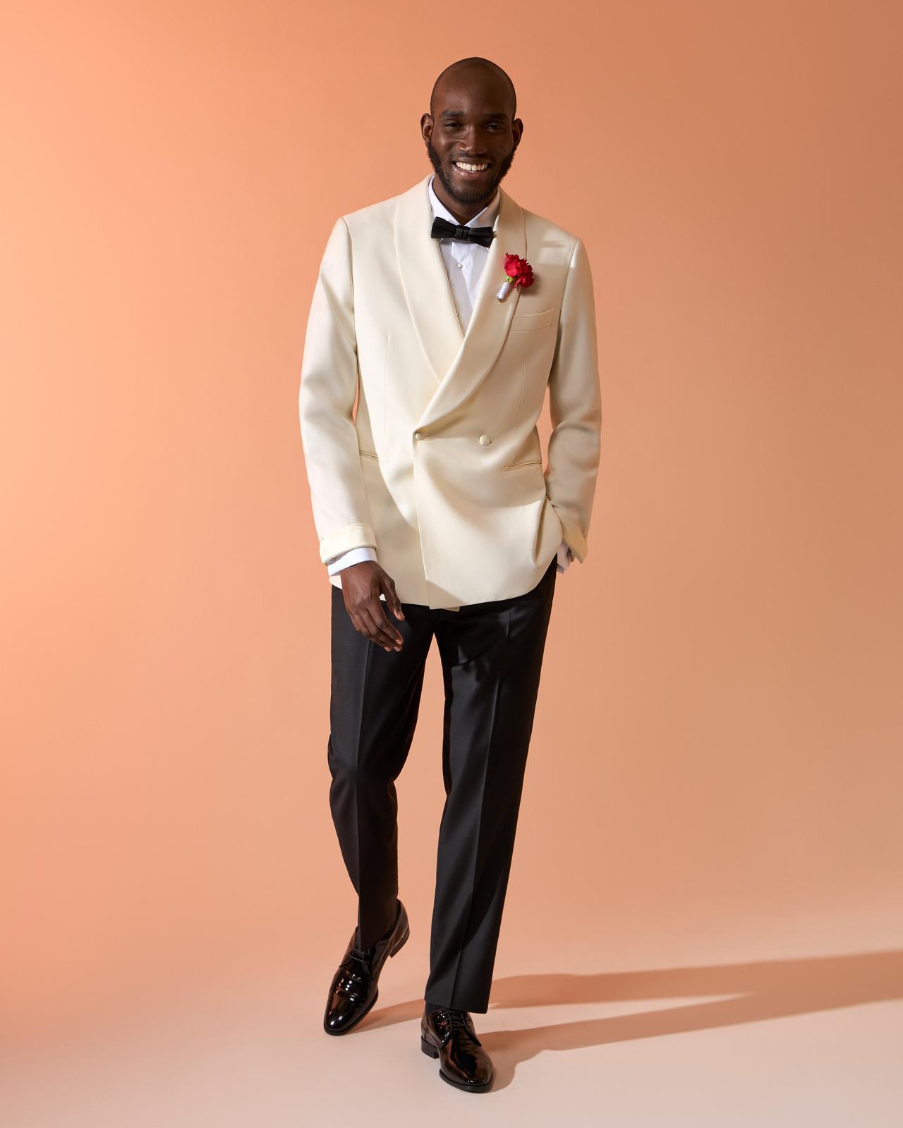 Male model wearing Harold made-to-measure white dinner jacket