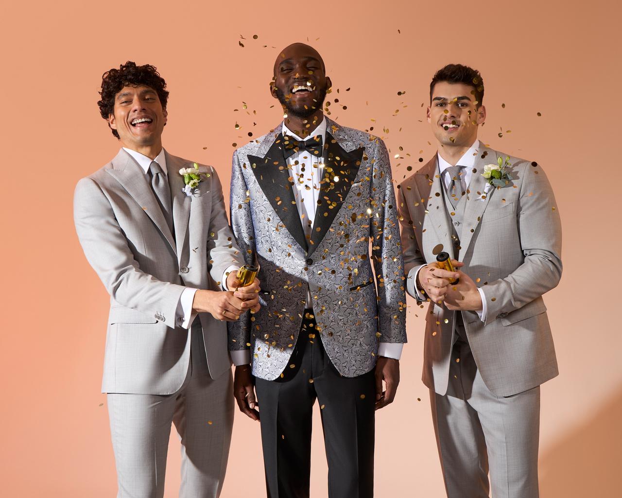 Three male models wearing Harold made-to-measure grey 3-piece suit