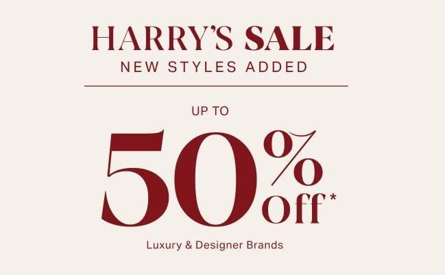 Beige banner signifying up to 50% off at Harry Rosen