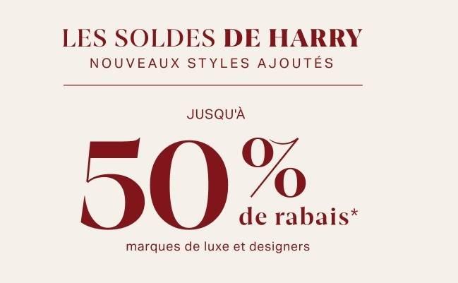 Bannière beige indiquant jusqu'à 50 % de réduction chez Harry Rosen