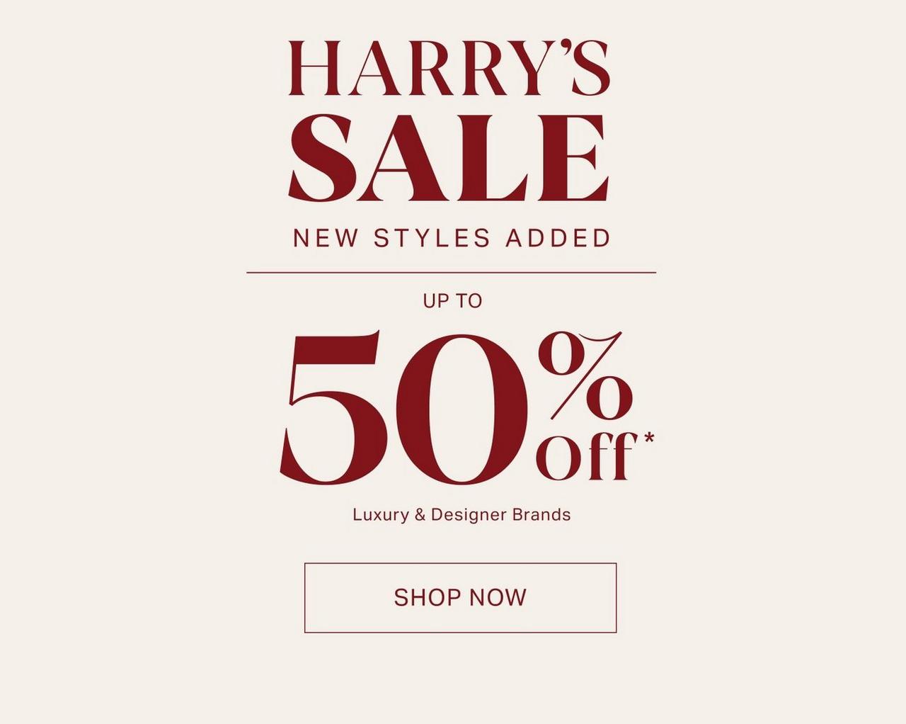 Beige banner signifying up to 50% off at Harry Rosen
