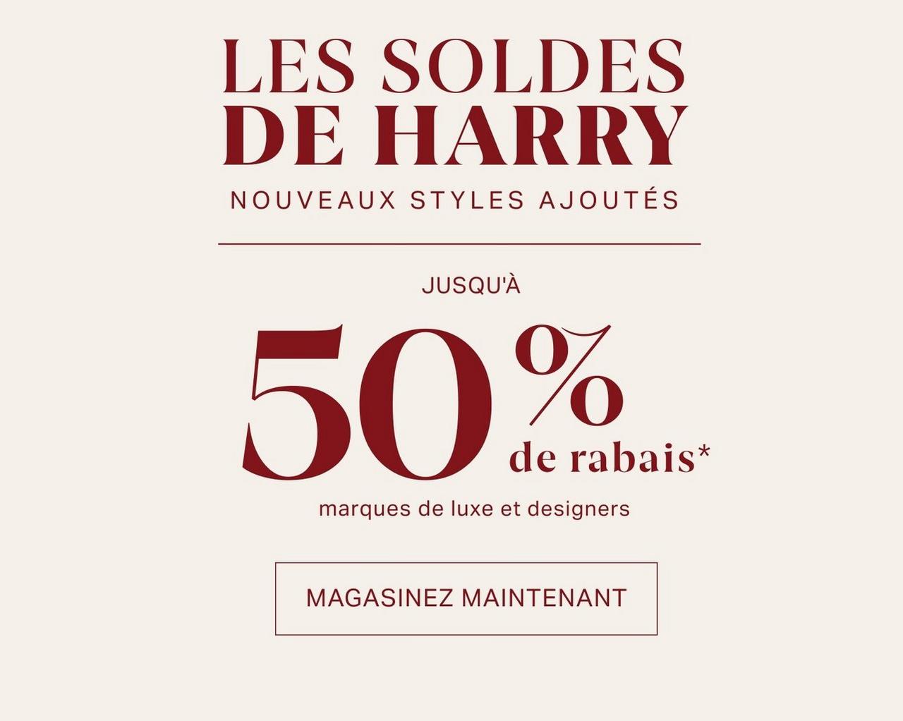 Bannière beige indiquant jusqu'à 50 % de réduction chez Harry Rosen