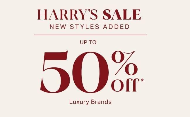 Beige banner signifying up to 50% off at Harry Rosen