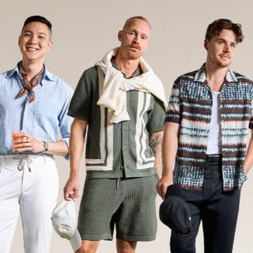 Groupe de mannequins masculins portant une variété de tenues d'été stylées, mettant en valeur des vêtements d'été décontractés et modernes