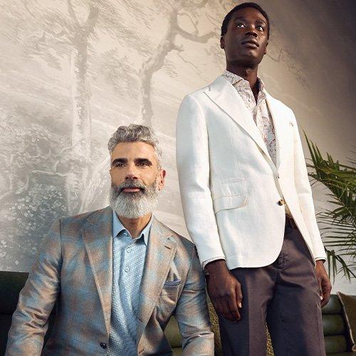 Two men wearing quiet luxury outfit illustrating Spring new arrivals