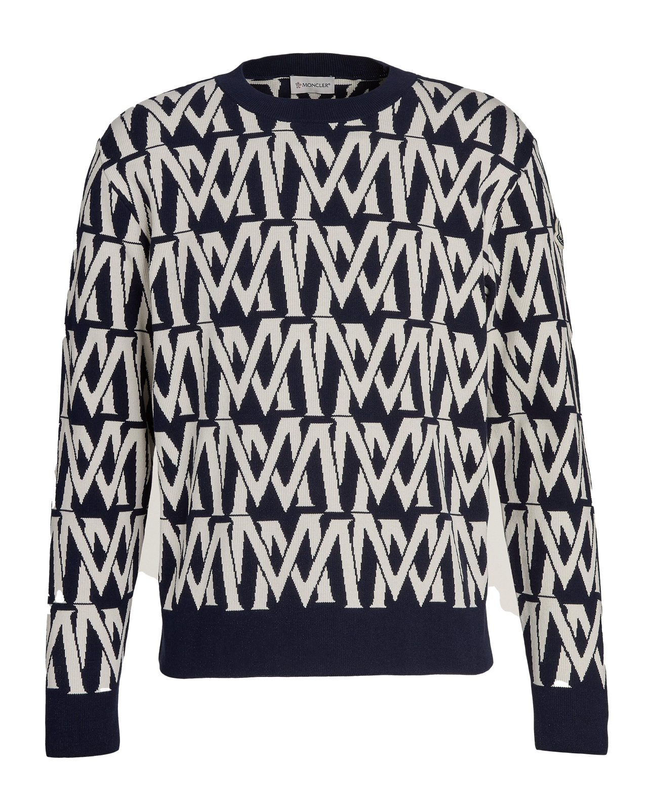 Moncler Jacquard Monogram Sweater: Black & White Cotton-Blend, Logo Print