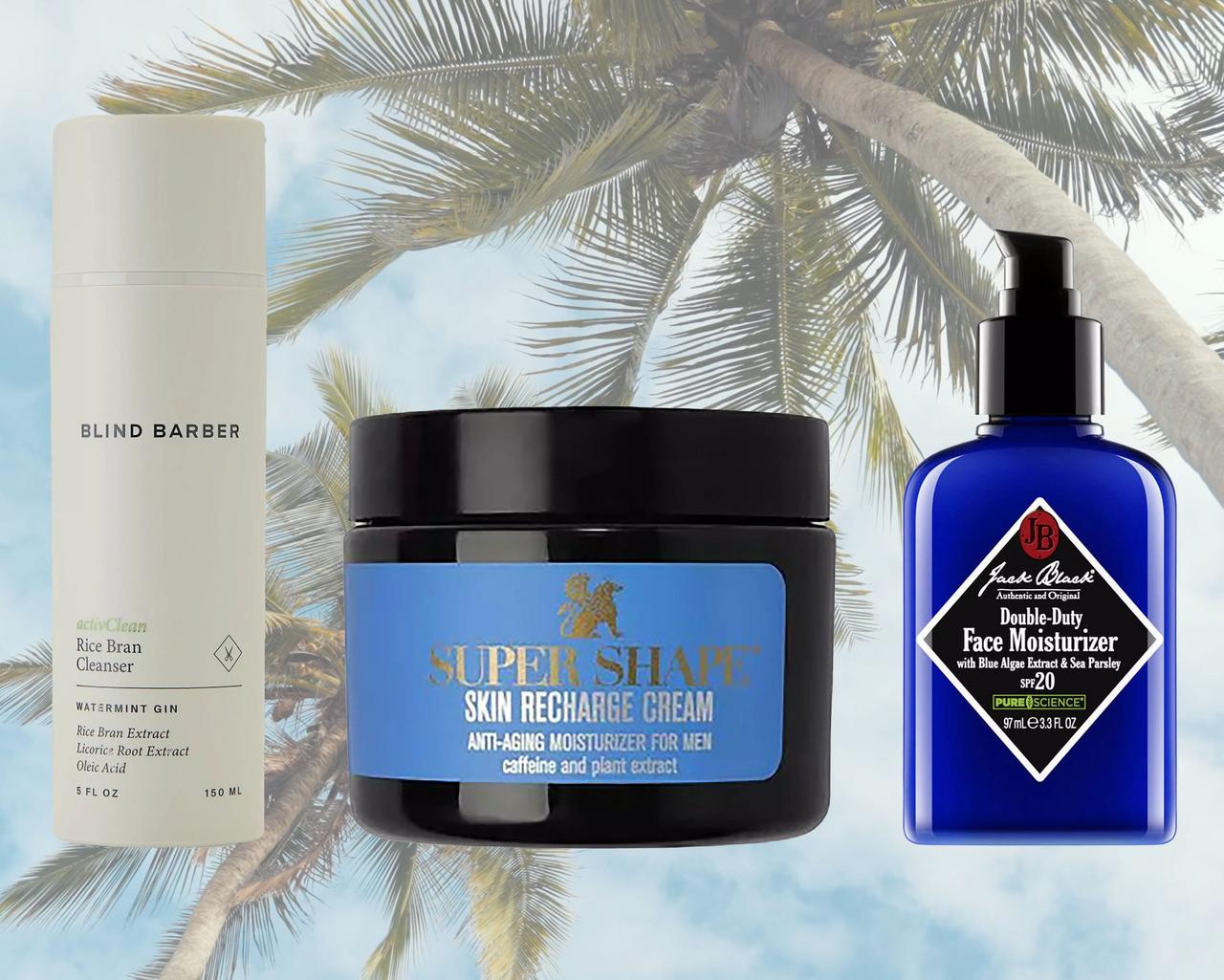 Des produits de soins de la peau affichés pour mettre en valeur comment préparer ses valises pour des vacances tropicales