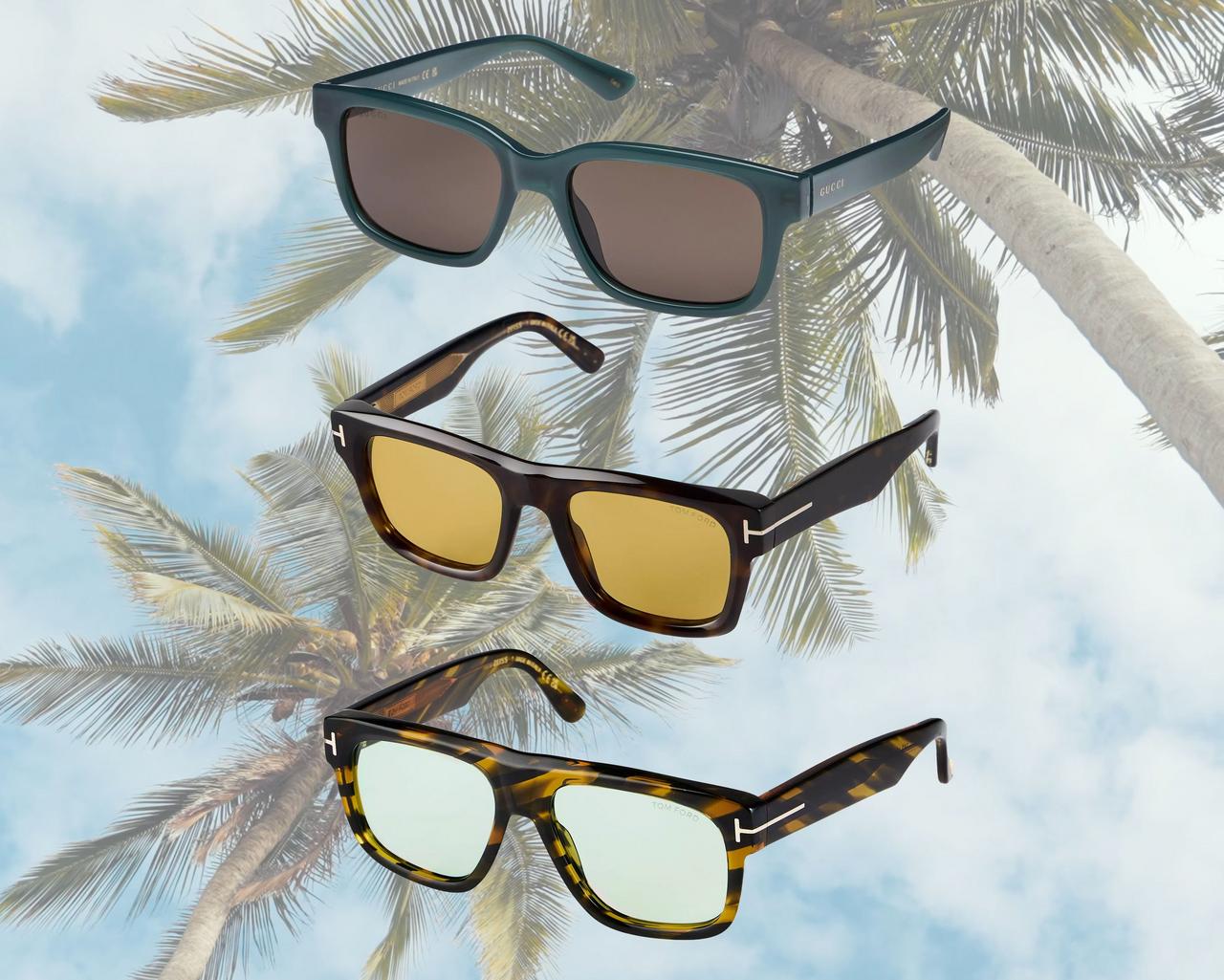 Sunglasses displayed on tropical background to emphasize how to pack for a tropical vacation