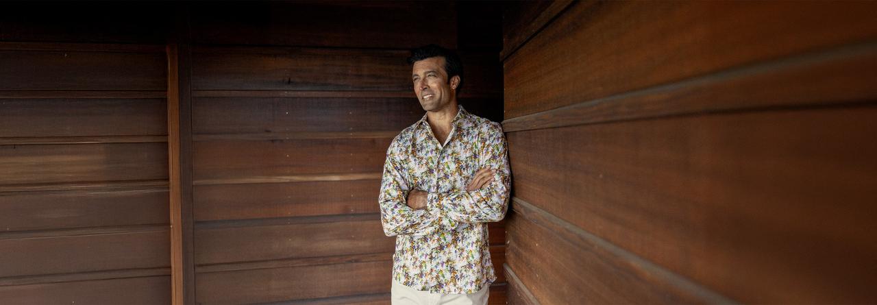 A man wearing a Robert Talbott long-sleeve floral print shirt