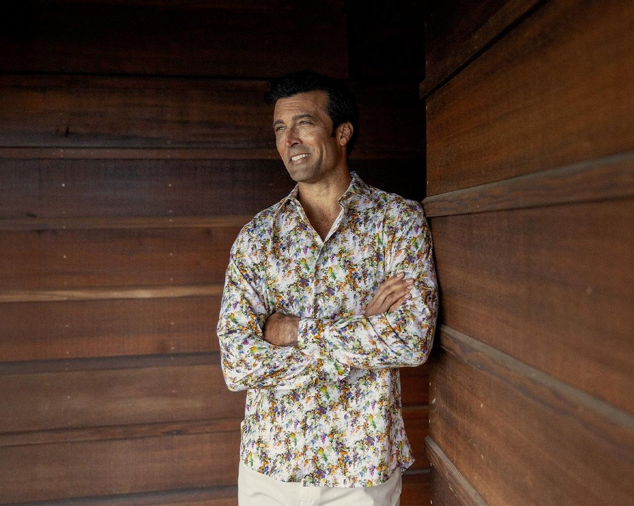A man wearing a Robert Talbott long-sleeve floral print shirt