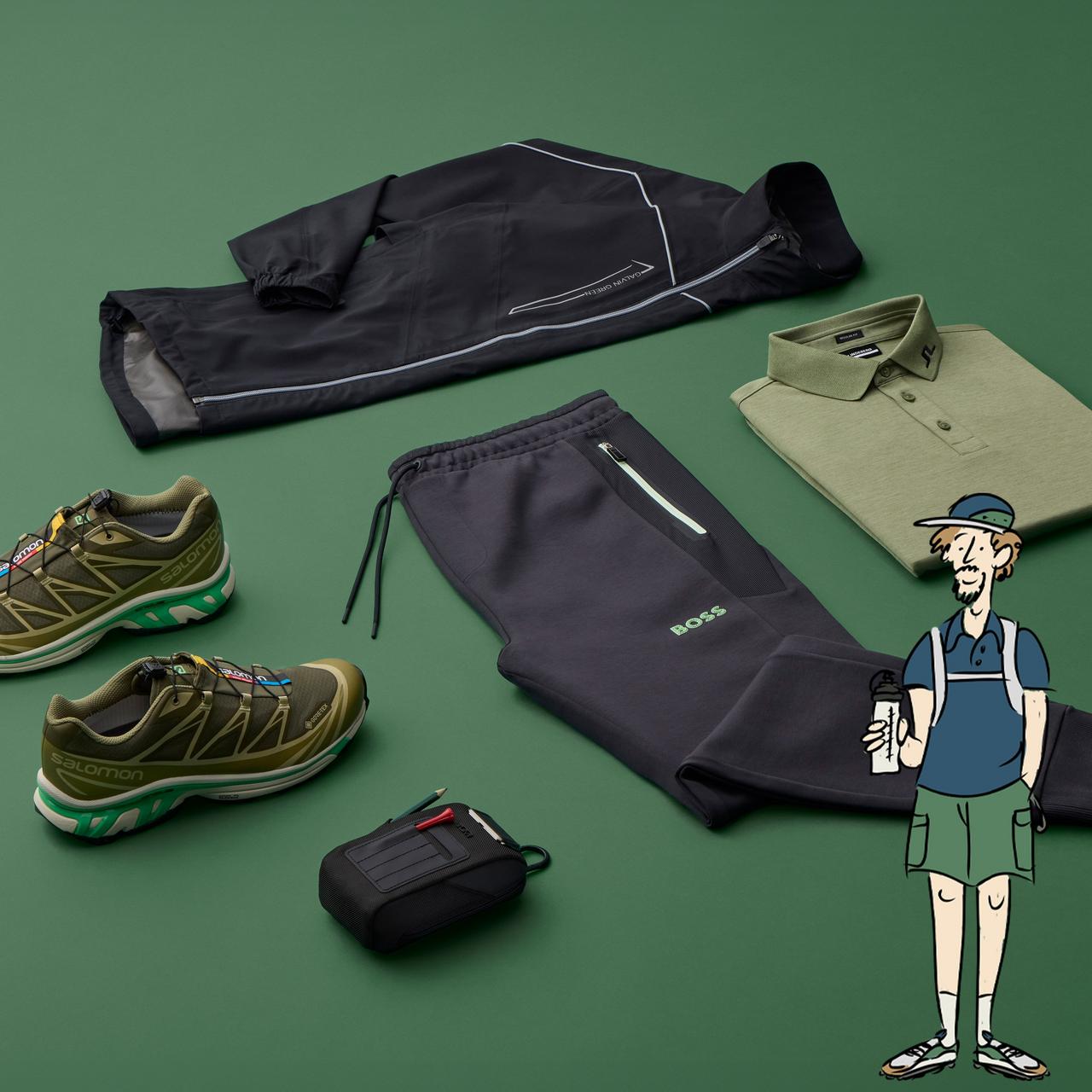 cartoon character holding water bottle, wearing shorts, t-shirt, backpack and baseball hat - active outfit laid out on green background includes, trackpants, polo, sweater, sneakers and pouch