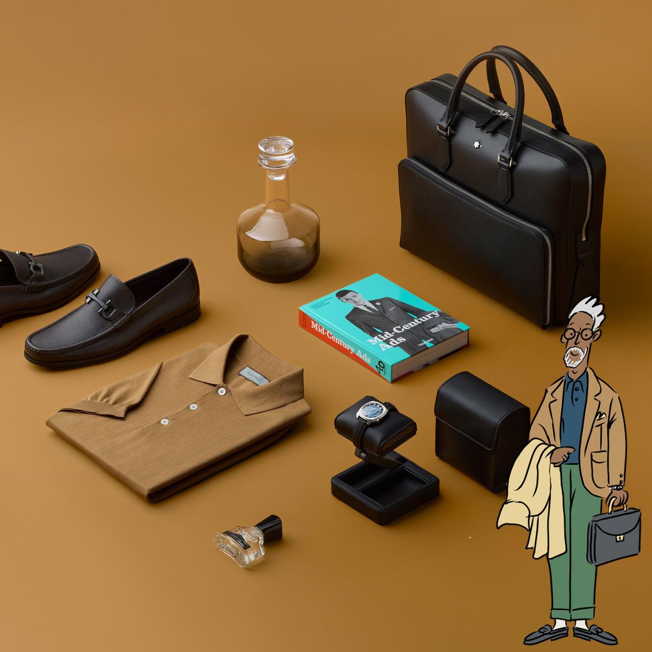 cartoon character standing holding a sweater in one hand and briefcase in the other, wearing polo, blazer, pants, loafers and glasses. miscellaneous gifts spread out on tan background