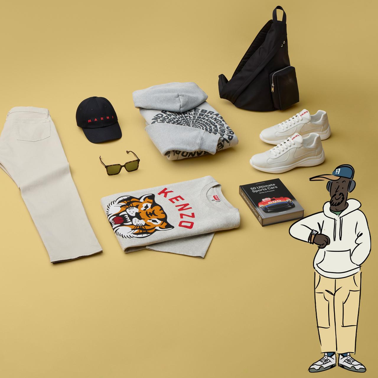 cartoon character standing with hand on his side wearing a hoodie, sweatpants, sneakers and hat. Outfit inspiration on yellow background includes, pants, t-shirt, sweater, sneakers, hat, sunglasses, book and backpack