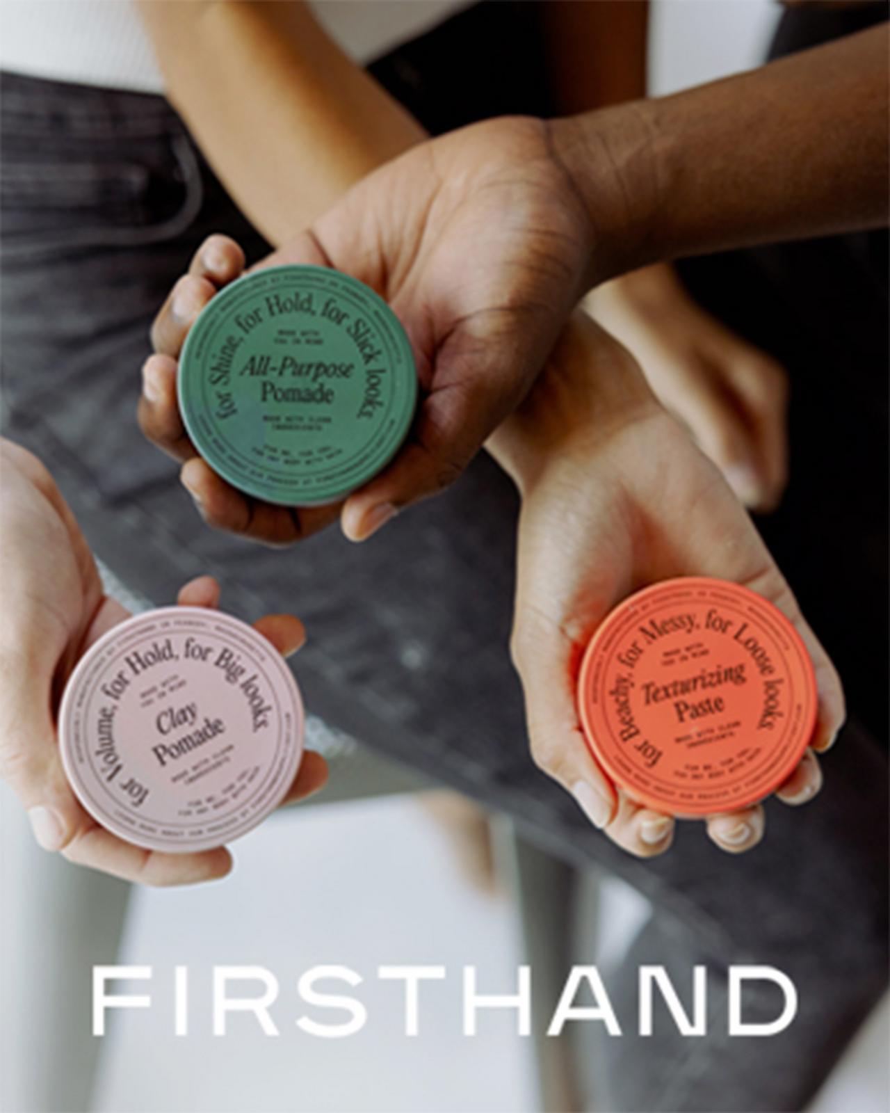 three hands holding firsthand products