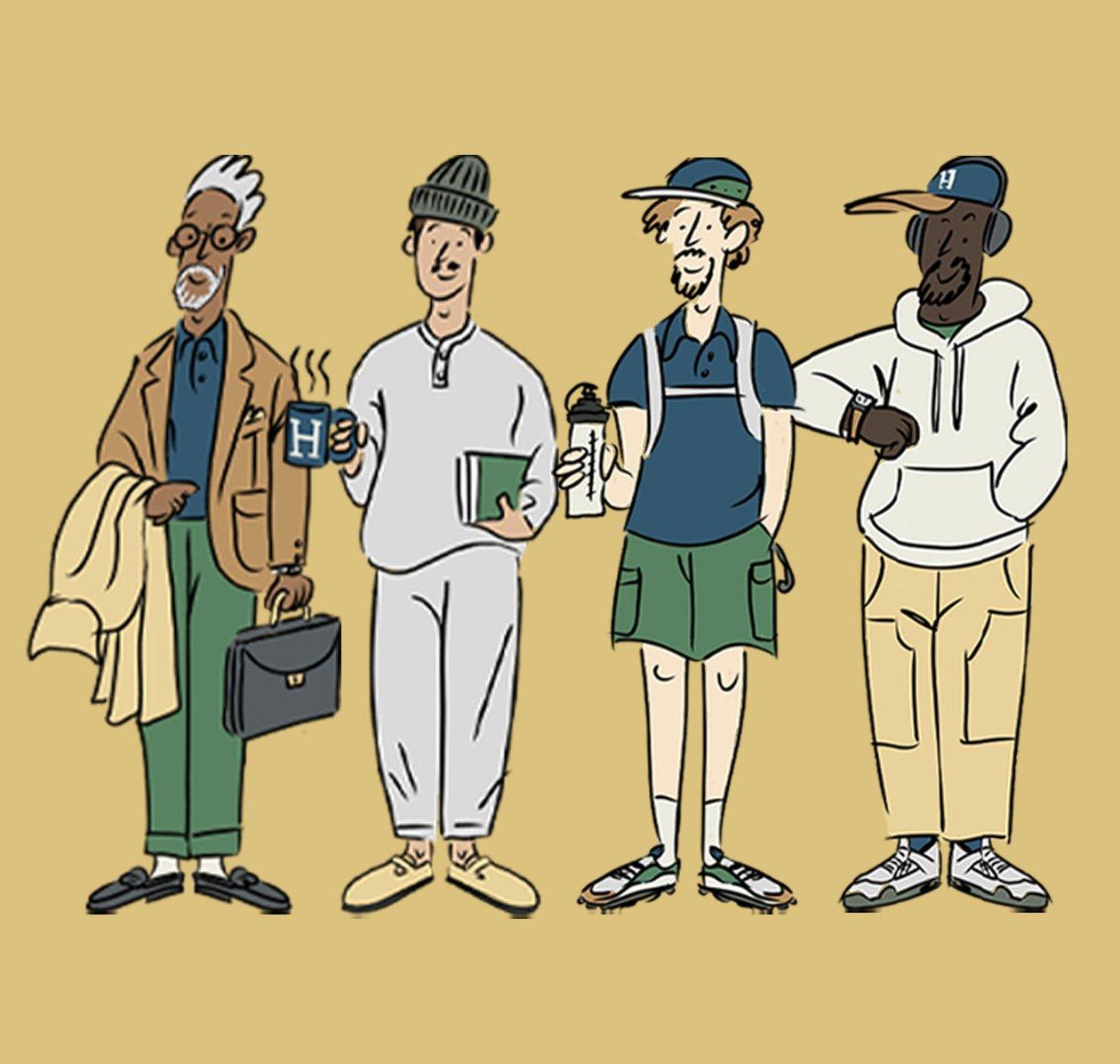 four cartoon characters wearing outfits represting each gift idea