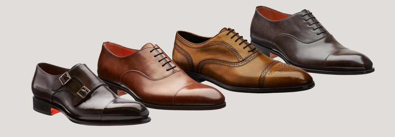 Four leather pairs of shoes are shown in different colors