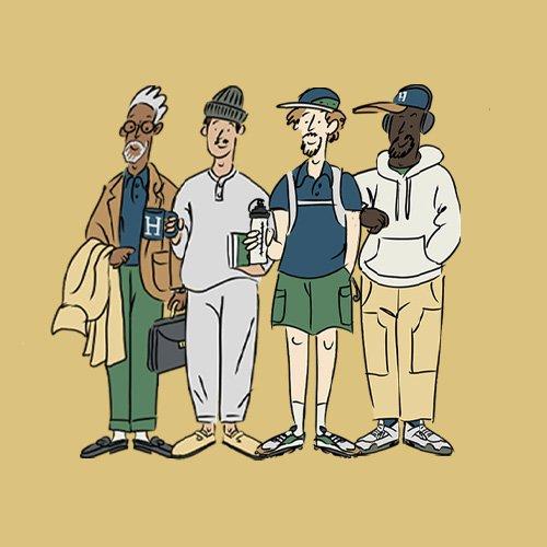 four cartoon characters. trendy dad, homebodt dad, casual dad, active dad
