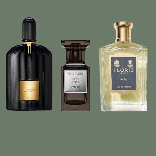 three fragrances on green backdrop