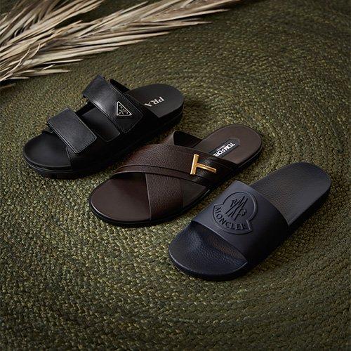 Trois sandales de Prada noir, TOM FORD marron et Moncler bleu marine