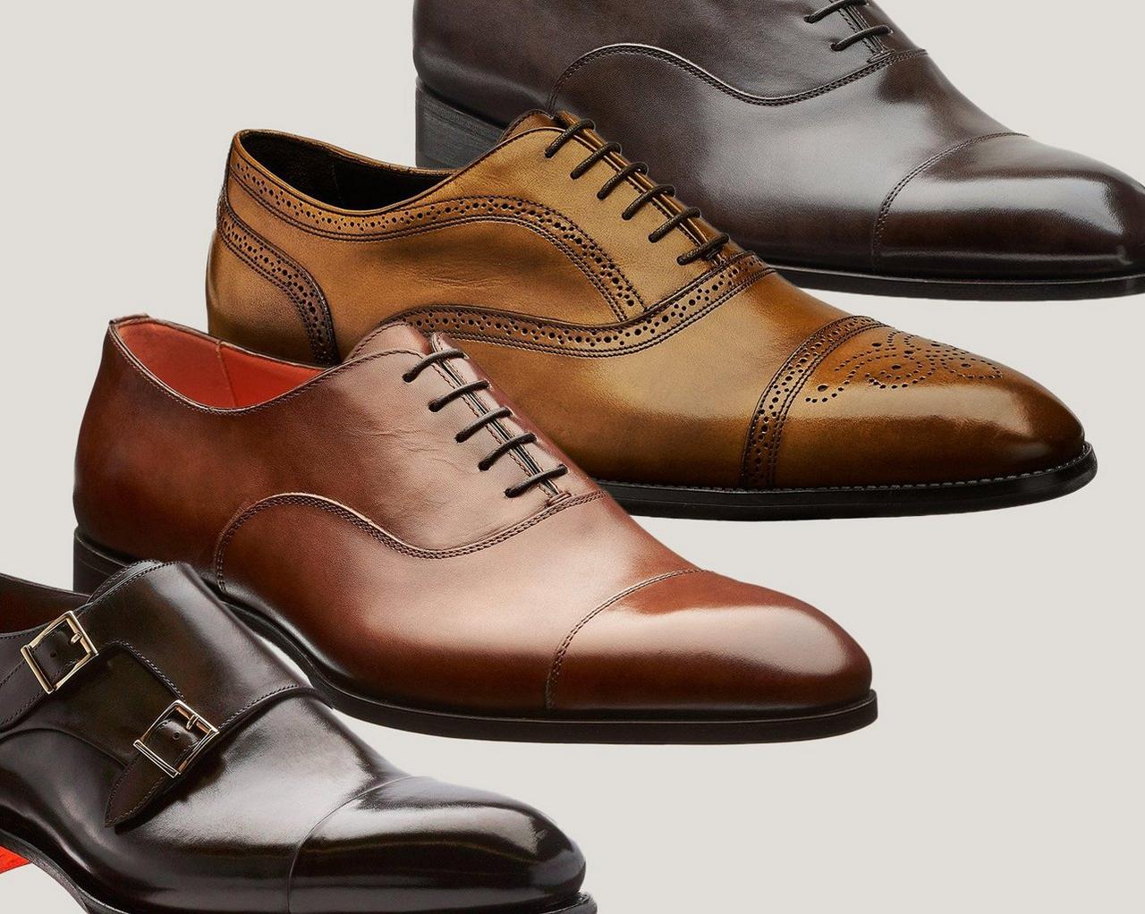 Quatre paires de chaussures en cuir sont présentées dans différentes couleurs