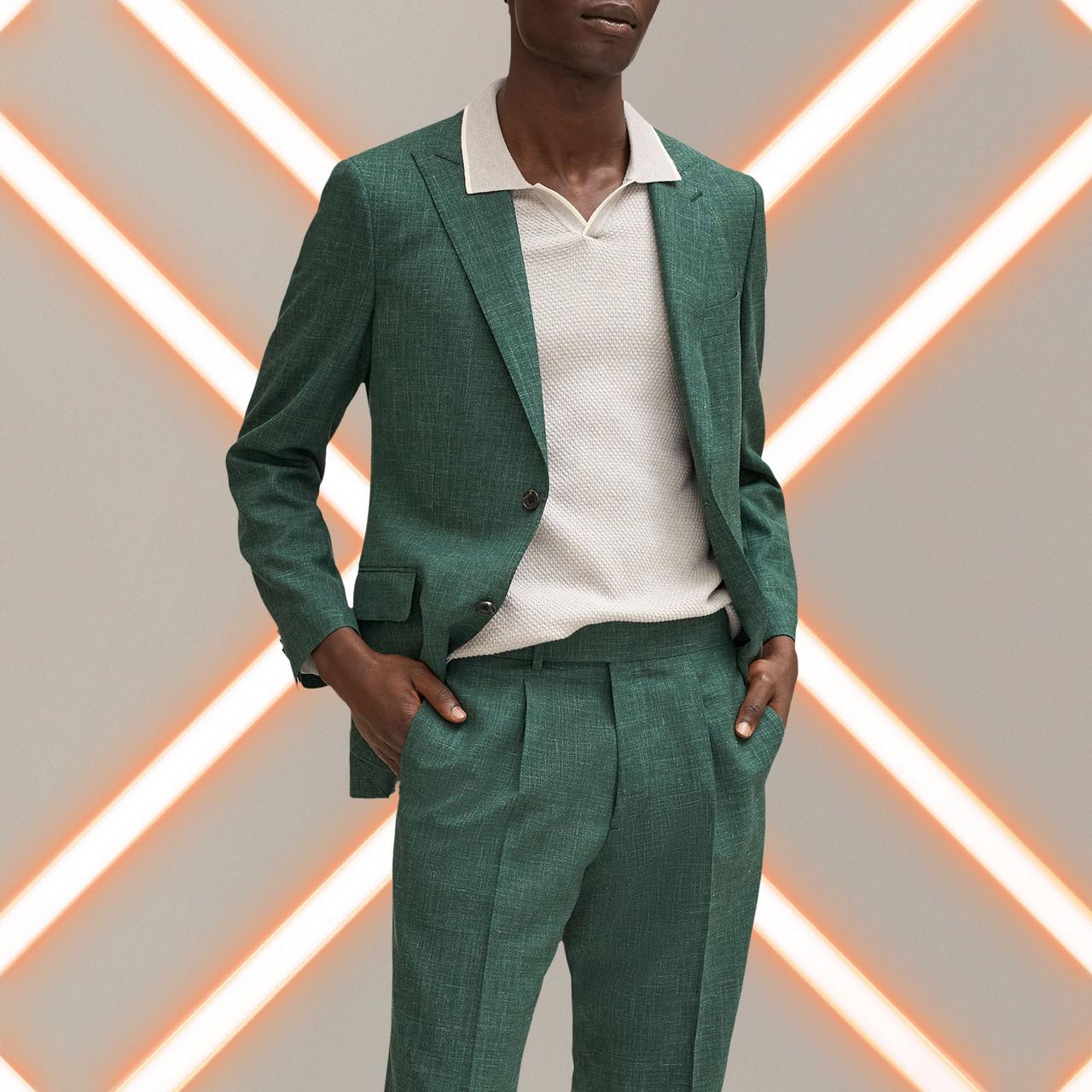 Male model wearing Harold suit illustrating custom-made event