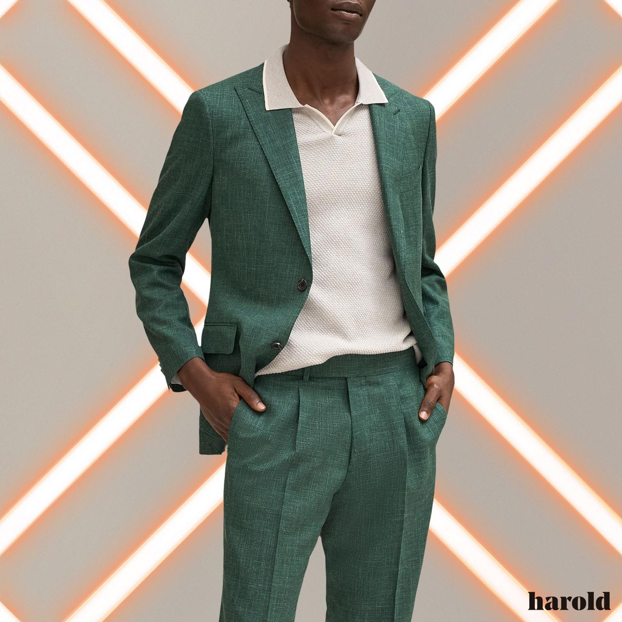 Male model wearing Harold suit illustrating custom-made event