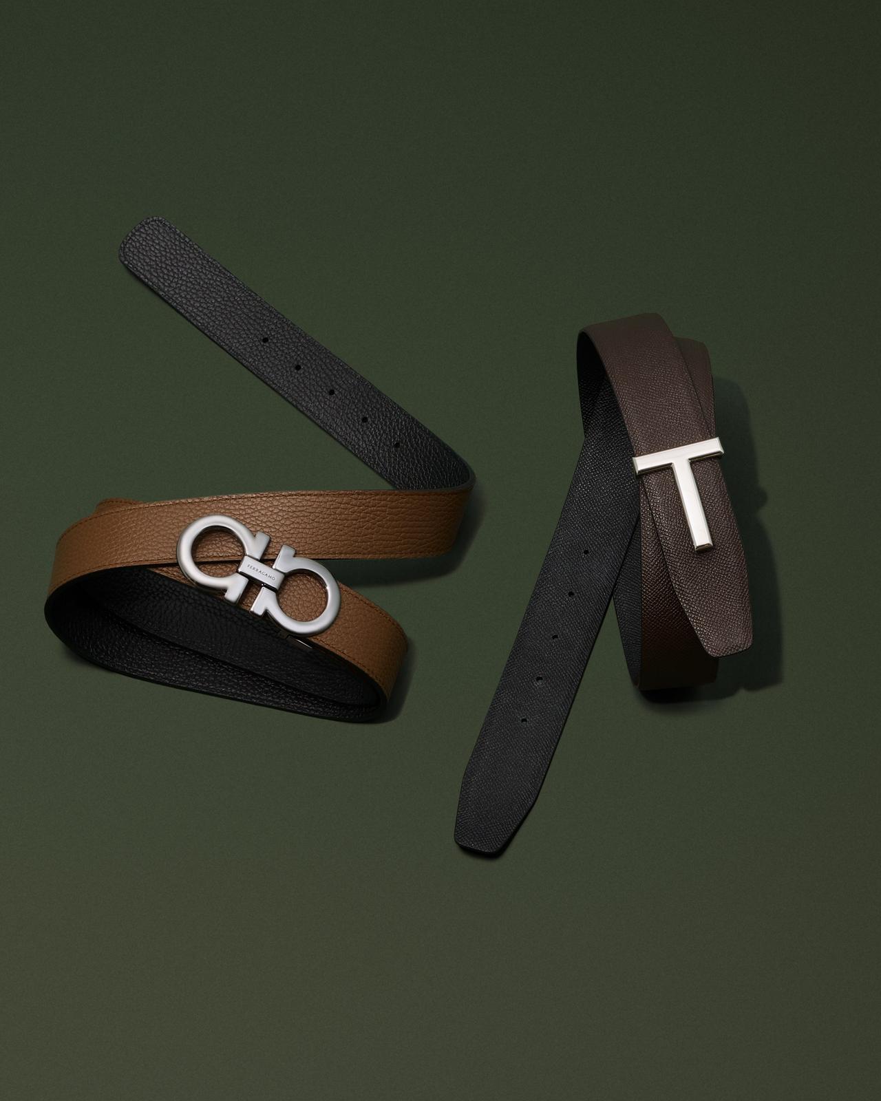 Double Gancini Reversible Leather Belt by Ferragamo and TOM FORD belt displayed for esesntial accessories for every man