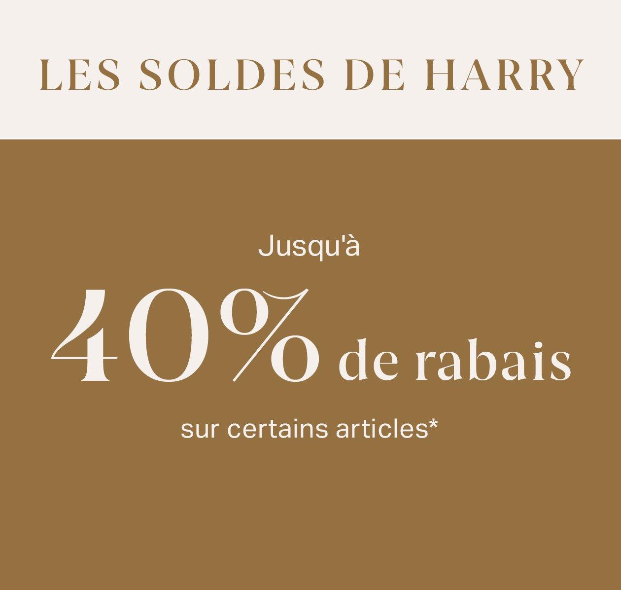 Bannière beige indiquant jusqu'à 40 % de réduction chez Harry Rosen