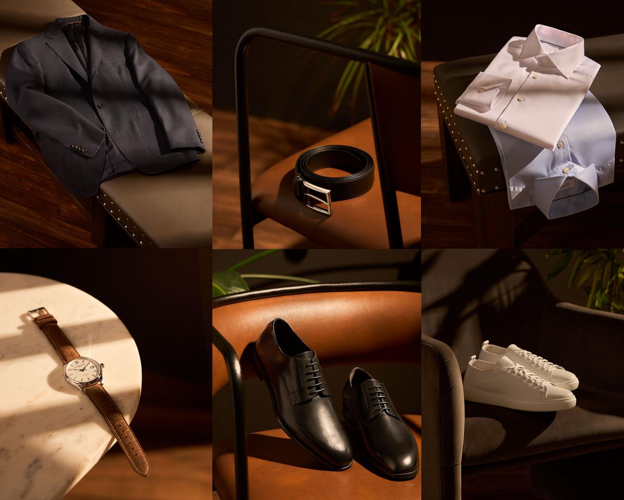 Collage of dress shirt, sport jacket, belt, watch, shoes illustrating timeless staples for men