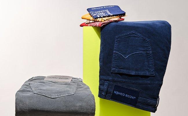 Jacob Cohen jeans with pocket squares on display