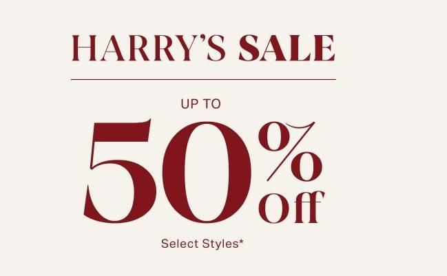 Beige banner signifying up to 50% off at Harry Rosen