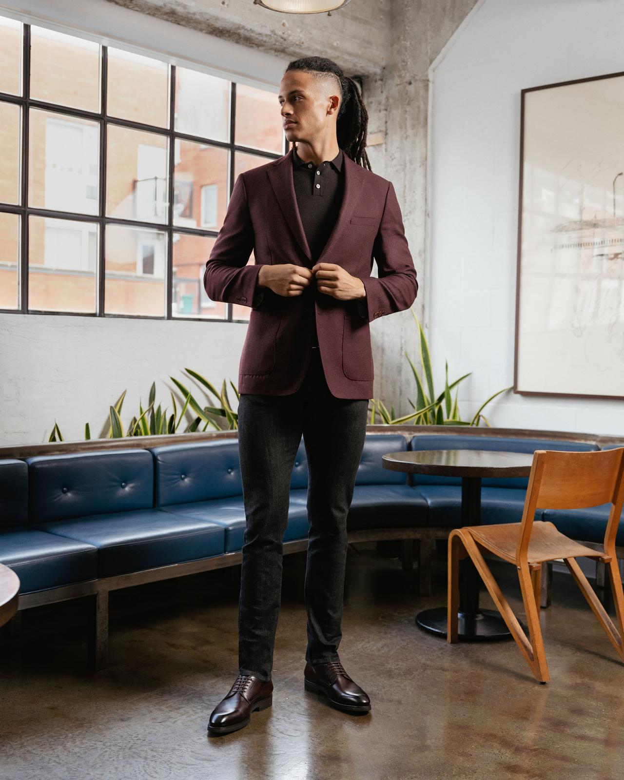 Male model in burgundy sport jacket