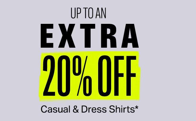 Grey background with copy signifying up to an extra 20% off casual & dress shirts at FinalCut by Harry Rosen