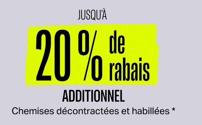 Fond gris avec texte indiquant jusqu'à 20 % de réduction supplémentaire sur les chemises décontractées et habillées chez FinalCut by Harry Rosen