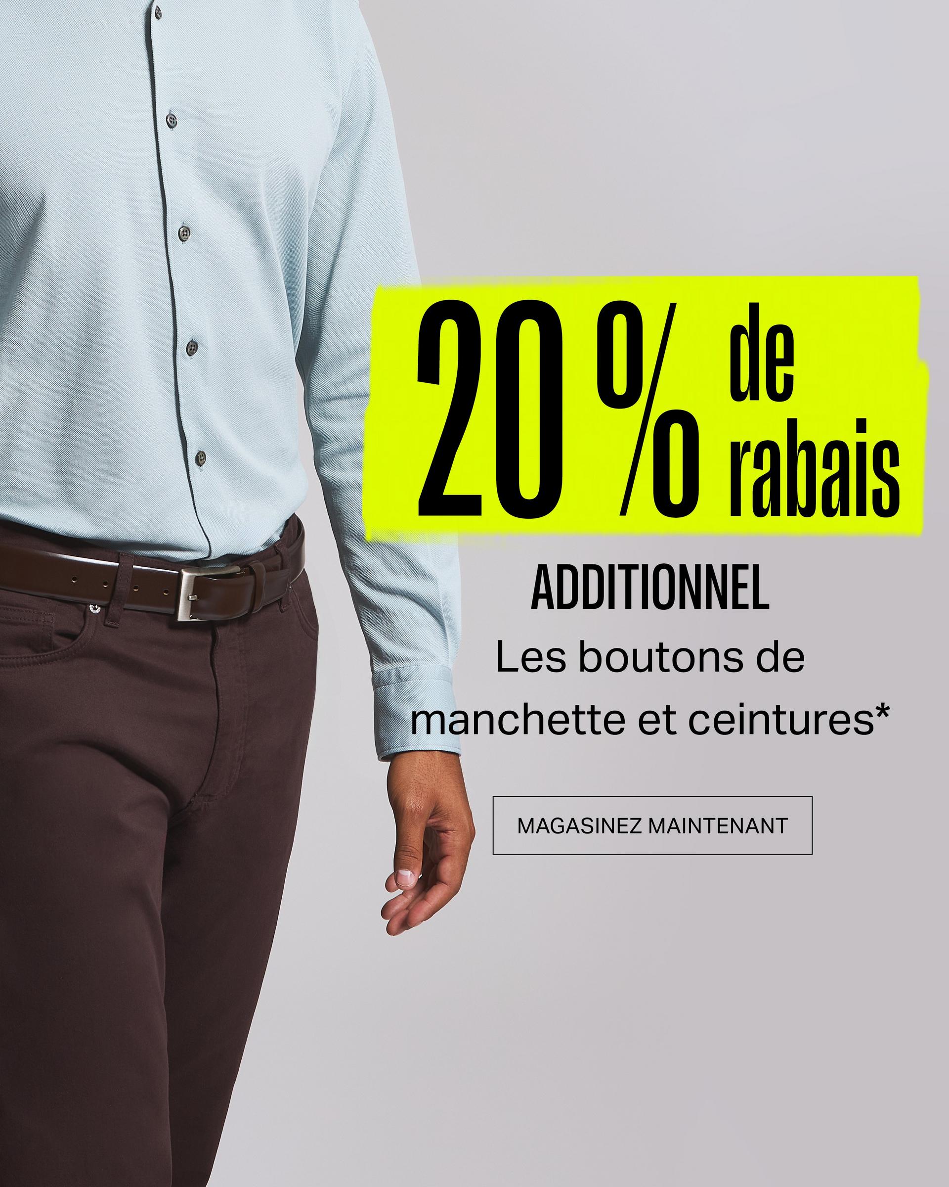 Mannequin masculin portant une chemise décontractée Zegna et une ceinture marron signifiant une réduction supplémentaire de 20 % sur les ceintures et les boutons de manchette chez FinalCut by Harry Rosen