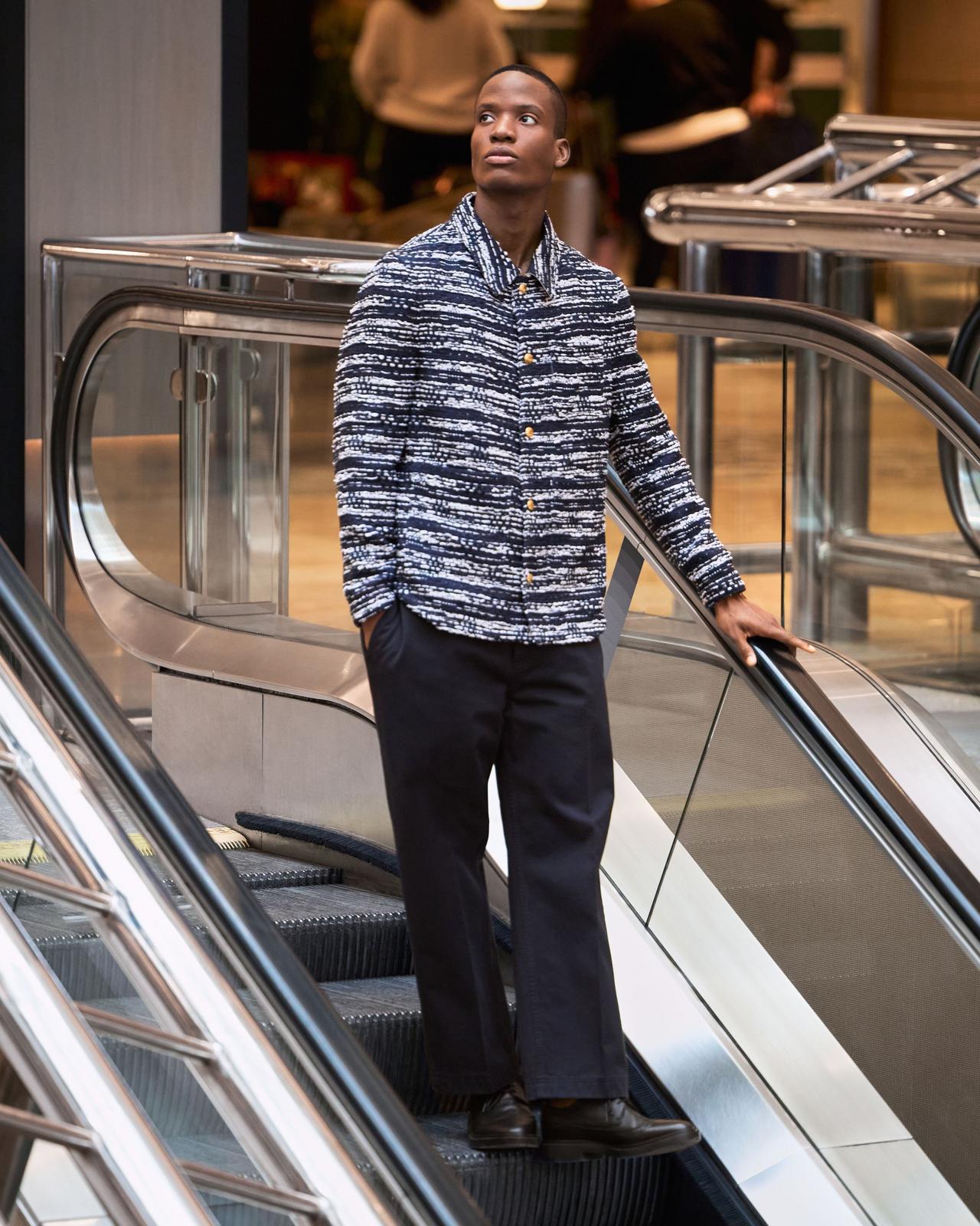 Male model wearing Thom Browne Spring inspired outfit signifying top trends for Spring '25