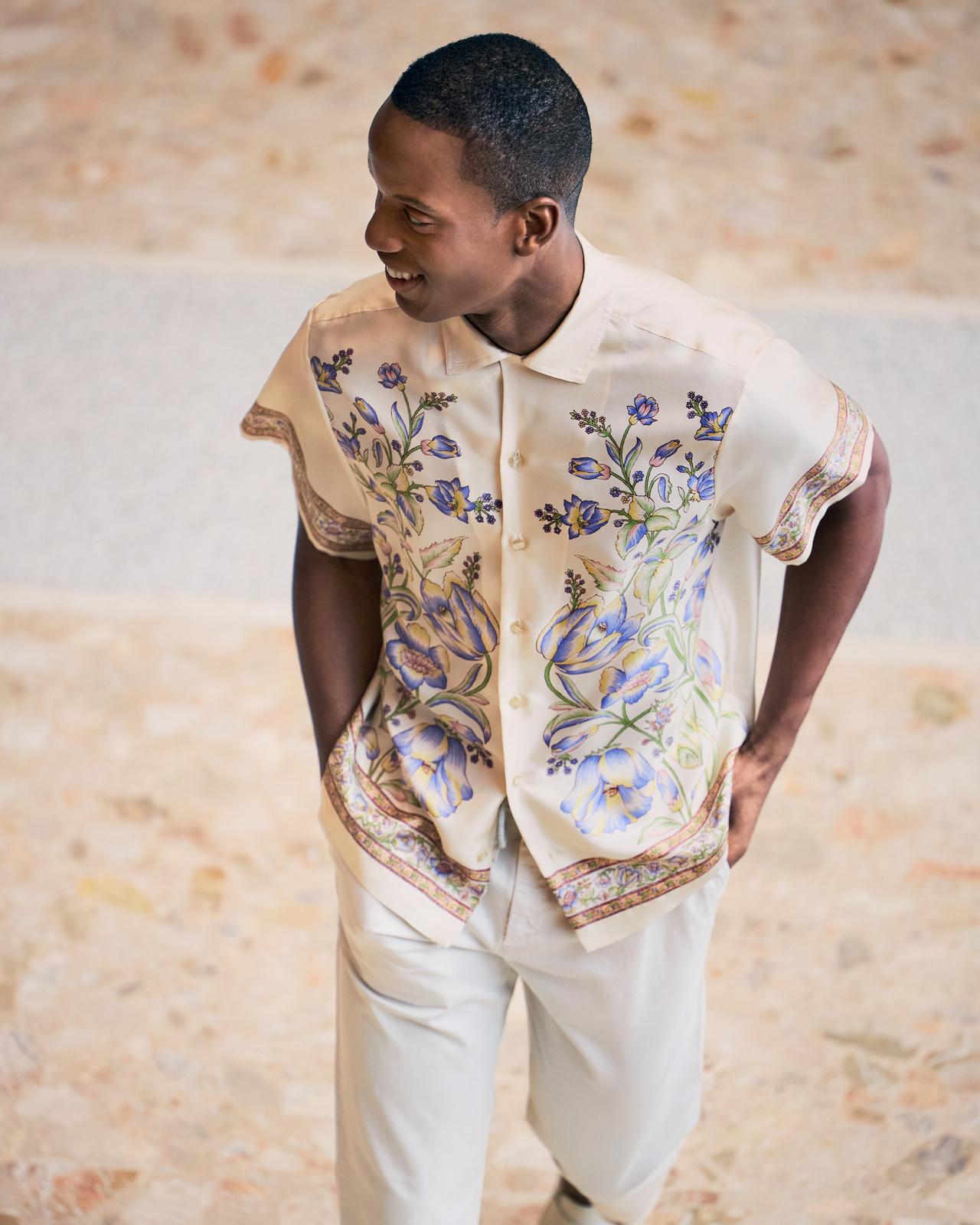 Male model wearing Etro and Eleventy Spring inspired outfit signifying top trends for Spring '25