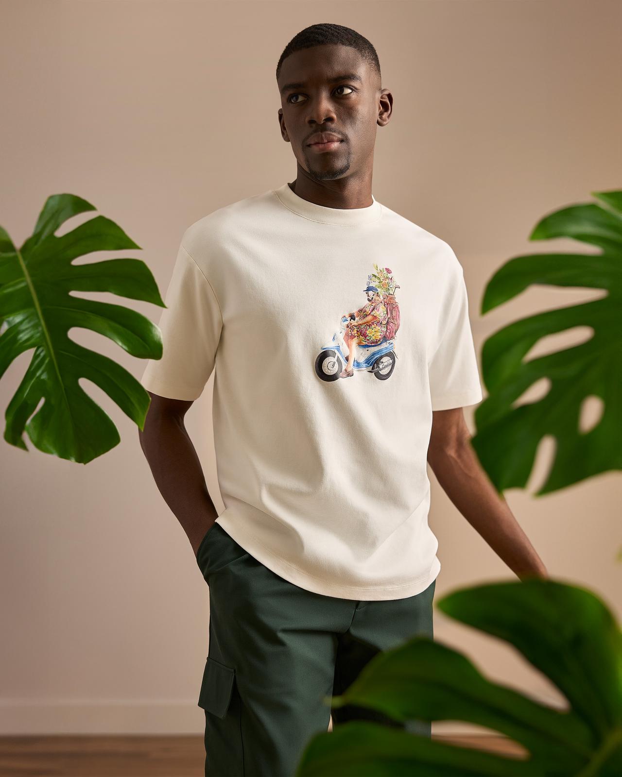 Male model wearing a white t-shirt